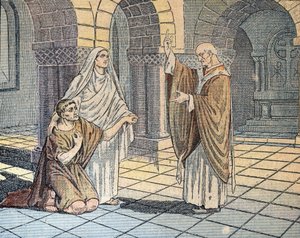 Heiliger Augustinus von Hippo (354-430) und seine Mutter Sainte Monique vor dem Heiligen Ambrosius (340-397) in Mailand, 387 (St. Augustinus von Hippo mit seiner Mutter St. Monika vor St. Ambrosius von Mailand, 387) Illustration aus „Le pelerin“ 1933 Priva