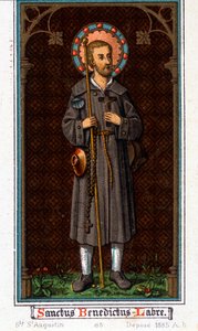 Heiliger Benedikt von Nursia (geboren in Nurcia (Nurcia) in Umbrien um 480 - 527) als Pilger. Chromolithographie von 1885