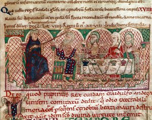 Der heilige Maurus wird am Tisch von Gaidulfe von Ravenna empfangen. Miniatur aus 