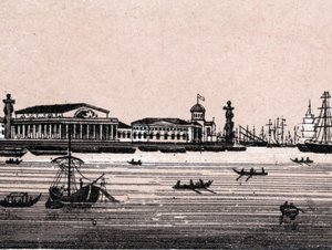 Sankt Petersburg, Russland: Blick auf die Newa und die Börse in „Die Welt illustriert 168 Ansichten“ (Ende des 19. Jahrhunderts)