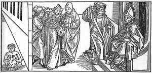 Heiliger Severin. Gravur aus „Leben der Heiligen - Sommerteil“ (Das Buch der Heiligen) von Jacobus (James) von Voragine (1228-1298). Lübeck 1488.