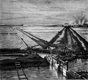 Salzproduktion: Ansicht einer Saline an der Mittelmeerküste. Gravur des 19. Jahrhunderts
