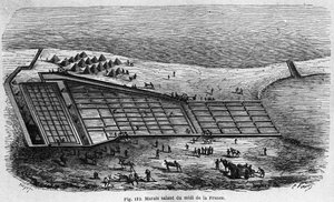 Salzproduktion: Ansicht einer Saline im Süden Frankreichs, Gravur von 1880
