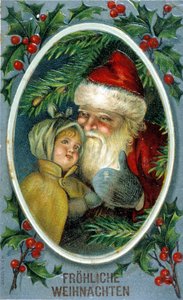 Weihnachtsmann und ein Kind. Deutsche Postkarte aus dem 19. Jahrhundert