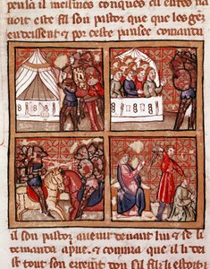 Szene der Konfrontation zwischen zwei feindlichen Lagern, eine Hinrichtung unten rechts. Seite aus einem Manuskript des 14. Jahrhunderts. Venedig, Biblioteca Marciana