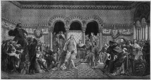 Szene aus dem Leben der Heiligen Elisabeth von Ungarn (1207-1231). Gravur von 1878 nach einem Wandgemälde von Maurice de Schwindau, Dichterzimmer des Schlosses Wartburg.