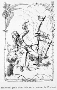 Schlemihl wirft Fortunats Geldbeutel in den Abgrund - in „Die wunderbare Geschichte von Peter Schlemihl“ von Adelbert von Chamisso