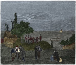 Wissenschaftliches Experiment: die Berechnung der Schallgeschwindigkeit durch Humboldt, Louis-Joseph Gay-Lussac, Bouvard, Prony und Mathieu, die die Zeit zwischen der Wahrnehmung des Lichts und dem Schuss eines Gewehrs bestimmen