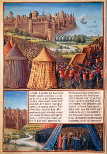 Zweiter Kreuzzug: Ansicht der Belagerung von Askalon im Jahr 1153 durch Baudouin III. Miniatur aus „Les passages faits Outremer par les Français contre les Turks et autres Sarrazins et Moures Outremarine“ von Sebastien Mamerot