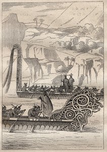 Zweite Reise (1772-1775) von Kapitän James Cook (1728-1779): Kriegskanus der Neuseeländer - Illustration aus „Die großen Seefahrer des 18. Jahrhunderts“ von Unknown artist