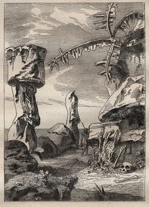 Zweite Reise (1772-1775) von Kapitän James Cook (1728-1779): Monumente der Osterinsel (monumentale Statuen, Moai) - Illustration aus „Die großen Seefahrer des 18. Jahrhunderts“