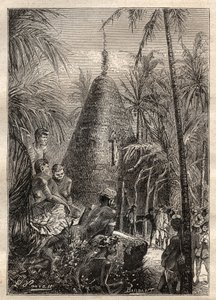 Zweite Reise (1772-1775) von Kapitän James Cook (1728-1779): traditionelles Rundhaus, auf dem Dach einer beträchtlichen Höhe (Neukaledonien) - Illustration aus „The Great Mariners of the 18th century“ von Unknown artist