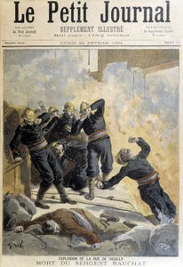 Sergeant Bauchat starb während der Feuerwehr nach der Explosion in der Rue de Reuilly. Illustration aus dem „Le Petit Journal“ von 1894 von Unknown artist