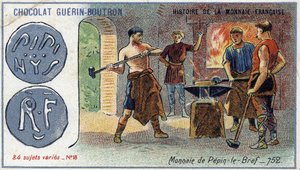 Serie Histoire de la Monnaie Française veröffentlicht von Chocolat Guérin Boutron. Chromolithographie 19. Jahrhundert. Münze von Pépin der Kurze im Jahr 752