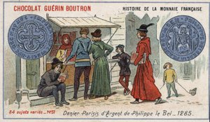 Serie Histoire de la Monnaie Française, veröffentlicht von Chocolat Guérin Boutron. Chromolithographie des 19. Jahrhunderts. Silberdenier von Philippe le Bel 1285