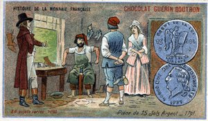 Serie Histoire de la Monnaie Française, veröffentlicht von Chocolat Guérin Boutron. Chromolithographie des 19. Jahrhunderts. Münzen von 15 Silber-Sous im Jahr 1791