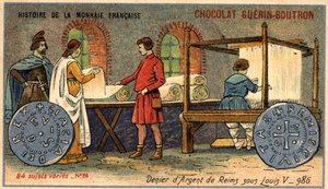 Serie Histoire de la Monnaie Française, veröffentlicht von Chocolat Guérin Boutron. Chromolithographie des 19. Jahrhunderts. Der Silberdenar von Reims unter Ludwig V. im Jahr 986