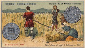 Serie Histoire de la Monnaie Française, veröffentlicht von Chocolat Guérin Boutron. Chromolithographie des 19. Jahrhunderts. Halber Denar von Ludwig dem Frommen im Jahr 814