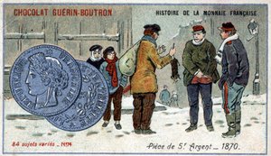 Serie Histoire de la Monnaie Française, veröffentlicht von Chocolat Guérin Boutron. Chromolithographie des 19. Jahrhunderts. 5-Franc-Silbermünze im Jahr 1870