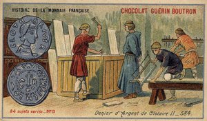 Serie Histoire de la Monnaie Française, veröffentlicht von Chocolat Guérin Boutron. Chromolithographie des 19. Jahrhunderts. Silberdenar von Chlothar II. im Jahr 584