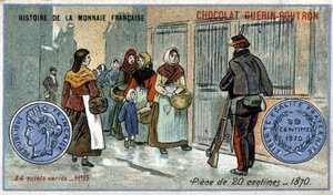 Serie Histoire de la Monnaie Française veröffentlicht von Chocolat Guérin Boutron. 20-Cent-Münze von 1870