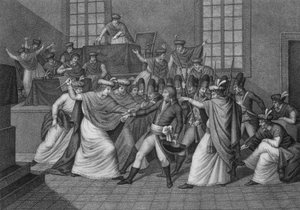 Sitzung des Gesetzgebungsorgans in der Orangerie von Saint Cloud: Bonaparte stellt sich der Versammlung des Rates der Fünfhundert (Raum der 500) vor und löst sie am 19. Brumaire Jahr VIII während des Staatsstreichs des 18. Brumaire auf. von Unknown artist