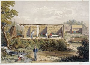 Siedlerlager in Kanada - in „Sketches on the Nipisaguit, a River of New Brunswick in America“ von William Hickman, ed. Halifax