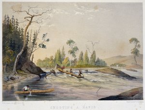 Siedler beim Fischen in einem Stromschnellen - in "Skizzen am Nipisaguit, einem Fluss in New Brunswick in Amerika" von William Hickman, ed. Halifax