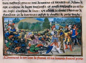 Siebter Kreuzzug: König Ludwig IX. (Saint Louis) (1214-70) wird während der Schlacht von Mansourah 1250 in Ägypten gefangen genommen, „Chronique abrégée“ von David Aubert 1250 Paris