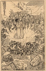 Sie bleibt inmitten der Flammen... Heilige Rosa von Viterbo (1233-1252). Gravur aus dem späten 19. Jahrhundert. Privatsammlung.