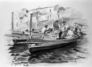 Sizilianische Fischer aus der Region Lipari. Gravur des 19. Jahrhunderts.