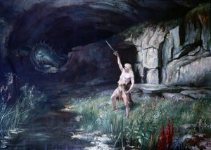 Siegfried, der dem Drachen Fafner gegenübersteht, schwingt sein Schwert. Szene aus der Oper „Der Ring des Nibelungen“ von Richard Wagner (1813 - 1883). Gemälde.