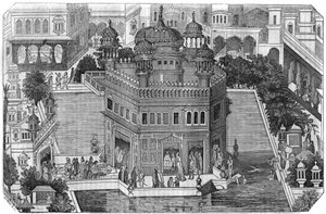 Sikhismus: Blick auf den Goldenen Tempel (Harmandir Sahib), das kulturelle Zentrum der Sikh-Religion, das Becken und die Stadt Amritsar im Bundesstaat Punjab, Indien (Königreich Lahore). von Unknown artist
