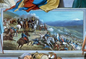 Simon Bolivar führt Rebellentruppen gegen die spanischen Truppen von Agustin Agualongo, Fresko im Rathaus von Ibarra, Ecuador