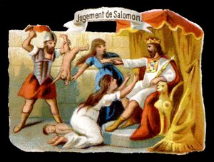 Salomons Urteil mit der Mutter, die sich opfert, um ihr Kind zu retten. Chromolithographie des 19. Jahrhunderts