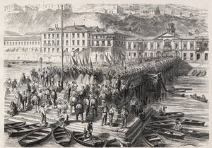 Südamerikanischer Hispano-Krieg zwischen Chile und Spanien, September 1865: Die Damen von Valparaíso singen patriotische Hymnen in Anwesenheit der spanischen Flotte, die den Hafen blockiert - Gravur in „The Illustrous World“
