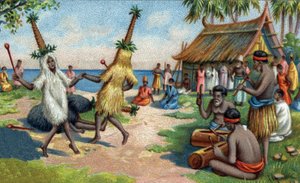 Tänzer der Südseeinseln: Sie tragen Kleidung aus Kolibrifedern, Kakadus und Paradiesvögeln bei religiösen Zeremonien. Chromolithographie des 19. Jahrhunderts