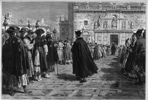 Spanien 1880: die Feste von Santiago de Compostela, die Prozession der Pilger am Eingang der Basilika.