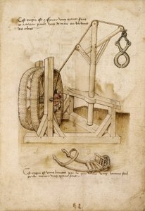 „Eichhörnchen“-System mit Klaue zum Heben einer Baustellenlast und Schubkarre - Manuskript: Pergamentblatt aus einem Ingenieurshandbuch für den Bau ziviler, religiöser und militärischer Gebäude, anonym, Ende des 15. Jahrhunderts (Figur in chinesischer Tint von Unknown artist