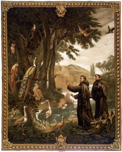 Heiliger Franz von Assisi spricht mit Vögeln - Chromo des 19. Jahrhunderts, Reproduktion eines Gemäldes des 18. Jahrhunderts.