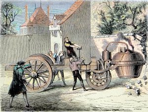 Dampfgetriebenes Auto, erfunden von Nicolas Joseph Cugnot (1725-1804), außer Kontrolle geraten und einen Teil einer Mauer umgestoßen im Jahr 1770 (erster gemeldeter „Autounfall“) - in „Album de la Science; berühmte Wissenschaftler; Große Entdeckungen“ 1896