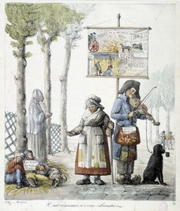 Straßenmusiker, bettelnde Kinder - Lithografie