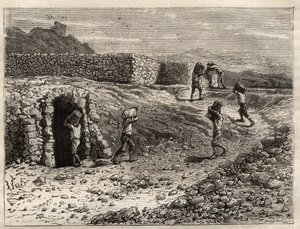Schwefel - Eine Schwefelmine in Girgenti, Sizilien - Gravur in 