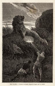 Überrascht von einem Löwen während der Wanderung bei Sonnenaufgang, schießt der Autor und verwundet das Tier. Gravur zur Illustration der Erforschung der abessinischen Nebenflüsse des Nils, von Sir Samuel W.Baker, 1861-62, veröffentlicht in "Le tour du mon