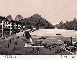 Schweiz: Blick auf die Stadt Brunnen. in „Die Welt illustriert 168 Ansichten“. Undatiert (spätes 19. Jahrhundert)