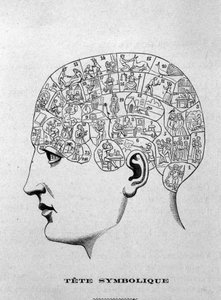 Symbolischer Kopf. Illustration aus Charles Rouvins Buch von 1873 „La Tête humaine“, illustrierte Studien der Phrenologie und Physiognomie angewandt auf berühmte Persönlichkeiten, Paris 1873.