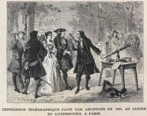 Telegrafisches Experiment von Guillaume Amontons im Jahr 1690 im Jardin du Luxembourg, Paris, Gravur 19. Jahrhundert. Bianchetti-Sammlung