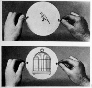 Thaumatrope: 1825 vermarktete John Ayrton Paris seine Zauberscheibe das Thaumatrope (Wunderkreis), auf einer Seite ist ein leerer Käfig gezeichnet, auf der anderen ein Vogel, die Scheibe wird von einer Schnur gehalten. Durch Drehen haben wir die Illusion,  von Unknown artist