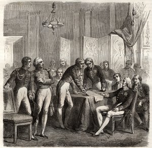 Das Bündnis von 1834 zwischen dem Vereinigten Königreich, Frankreich, Spanien und Portugal zur Durchsetzung der Konzession von Evoramonte - Angesichts des Anspruchs von Don Carlos auf den spanischen Thron, die Viererallianz (Charles-Maurice de Talleyrand - von Unknown artist
