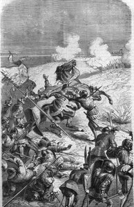 Der 75-jährige Veteran John Talot führte eine Expedition von 3000 Mann an, die am 17. Oktober 1452 in Guyenne landete. Gravur, die Talbots Tod in der Schlacht darstellt. Gravur des 19. Jahrhunderts